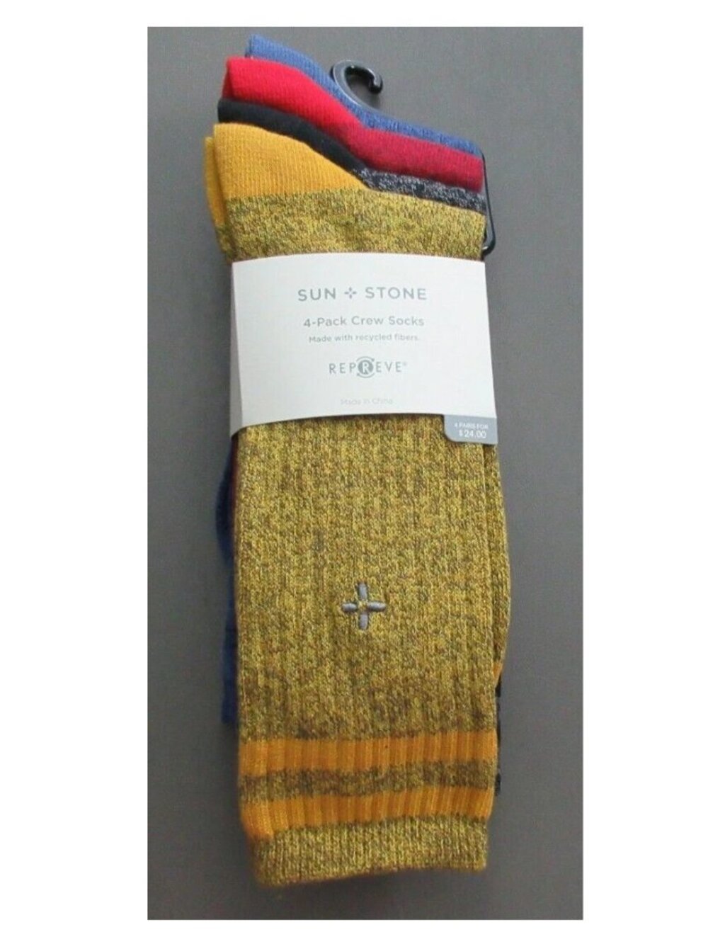 Sun + Stone Men's 4-Pair Double Stripe Crew Socks, Multicolor Variety, Shoe 7-12